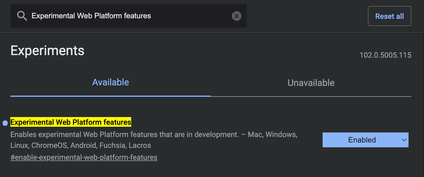 A screenshot of the Chrome flags settings